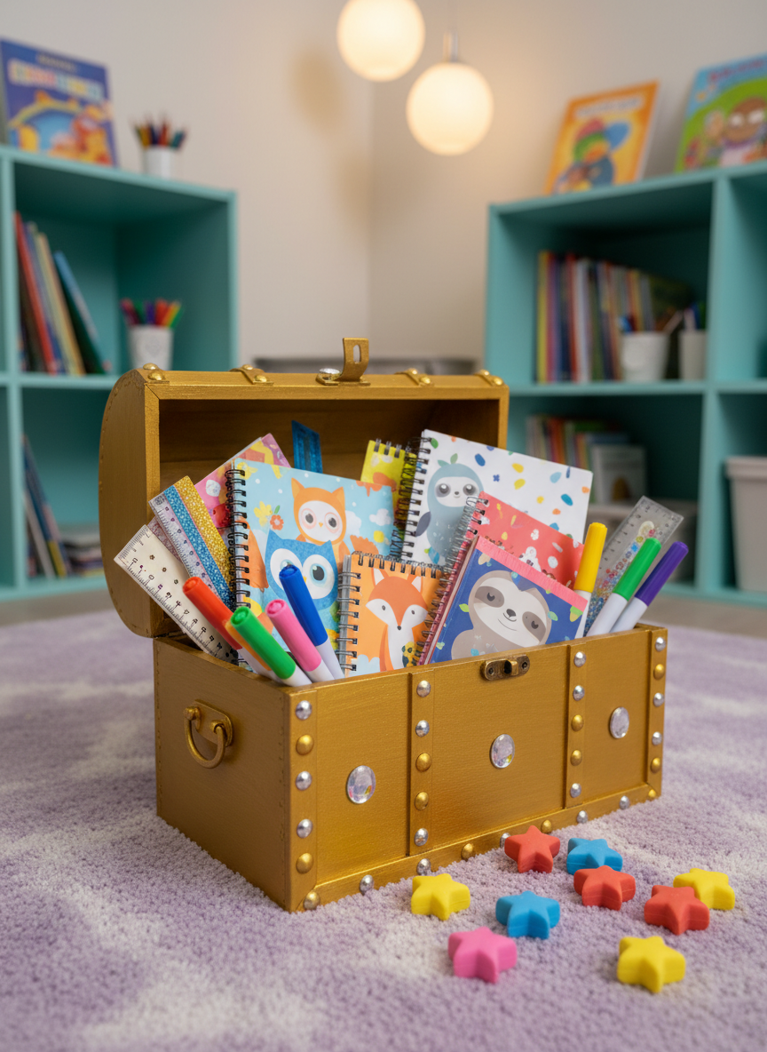 A dazzling golden treasure chest overflowing with brightly colored school supplies—erasers shaped like stars, chunky rainbow markers, gloss-finished rulers, and artfully coiled notebooks with quirky animal prints. The chest rests upon a smooth, soft lavender rug within a whimsical classroom nook lined with rounded, teal cubby shelves. Warm pendant lighting above casts energetic, bouncy reflections and creates lively shadows around the chest, intensifying the sense of joyful discovery. Captured at eye-level with an inviting centered composition and crisp focus throughout, the image exudes a dynamic, playful mood in a photographic style befitting an imaginative educator’s resource blog.