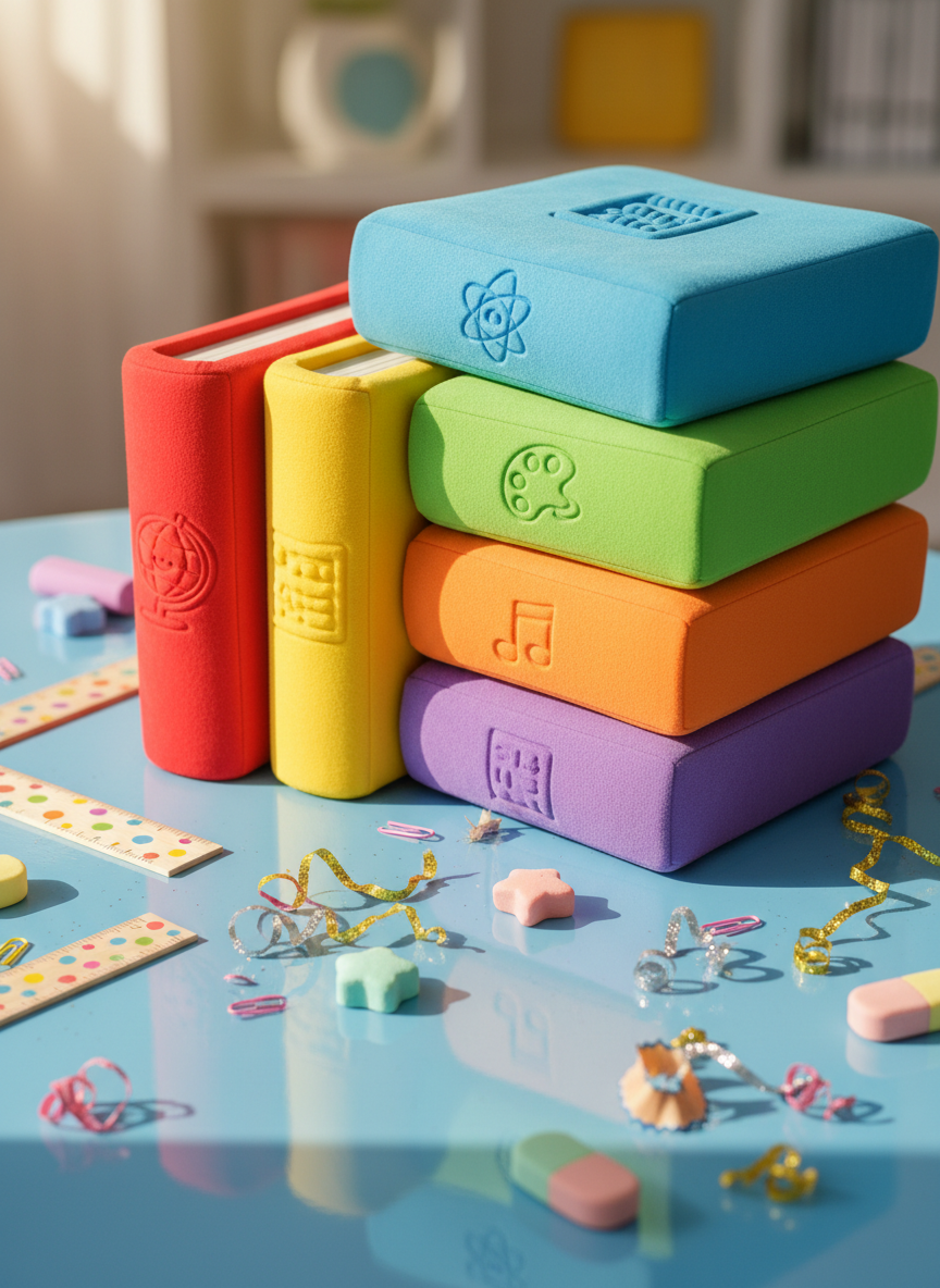 A vibrant stack of colorful educational books with rounded, oversized covers, each cover displaying playful subject icons embossed with a soft, tactile texture. The books are arranged in a whimsical spiral on a glossy, sky-blue tabletop scattered with cheerful stationery: polka-dot rulers, pastel erasers, and glittery pencil shavings. Diffused natural daylight spills over the scene from an unseen window, creating bright highlights and gentle shadows, emphasizing the rounded edges and saturated colors. The composition is shot from a slightly elevated angle, using shallow depth of field to focus on the textures and forms. The overall style is photographic realism with a vibrant, energetic, and playful atmosphere, perfectly capturing the lively spirit of teaching resources.