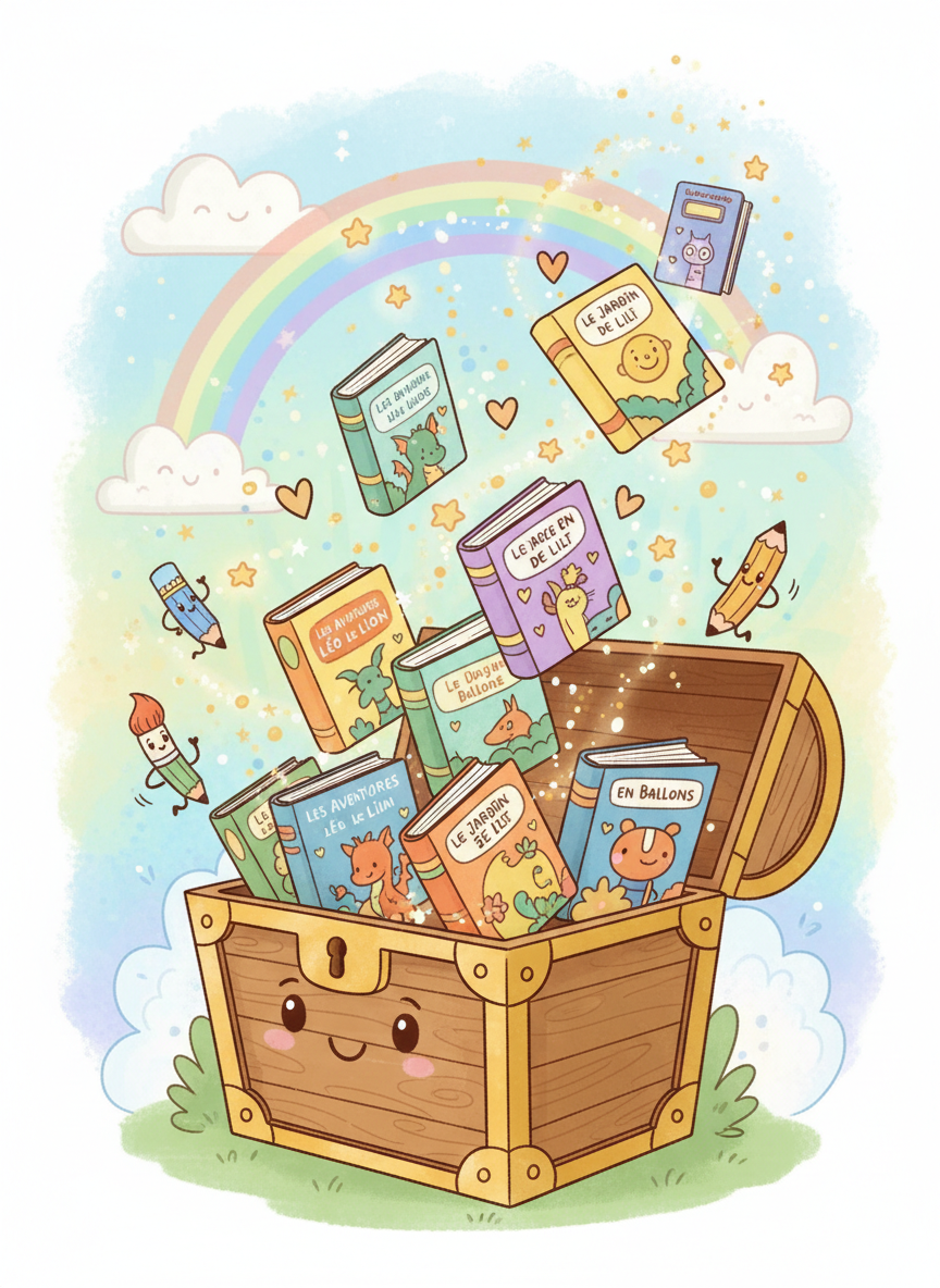 dessin animé coloré d’un coffre au trésor ouvert d’où sortent des livres pour enfants, style ludique et rassurant pour des professeurs des écoles, fond doux, ambiance chaleureuse