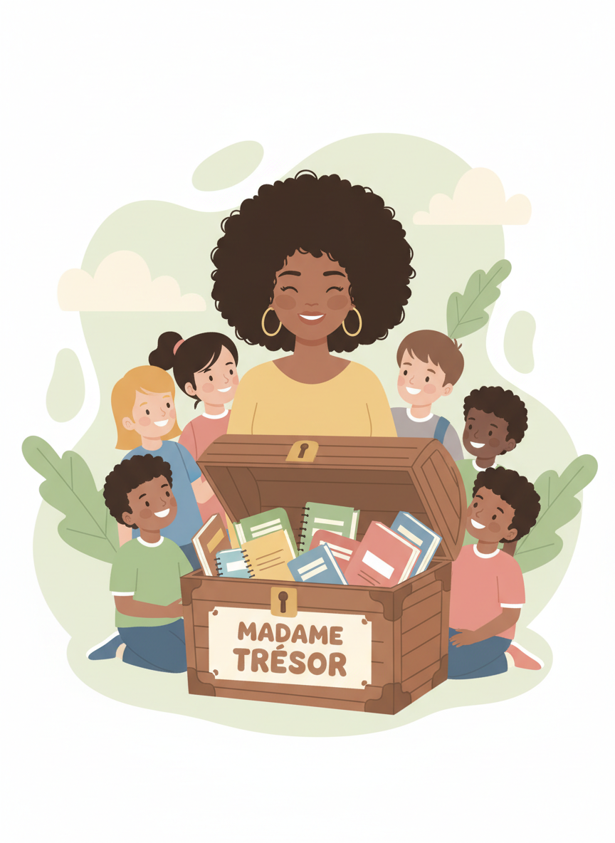 madame-tresor-hero-metisse Illustration vectorielle moderne et douce pour la page d’accueil de « Madame Trésor » : une enseignante métisse à la peau caramel, avec un bel afro naturel, souriante et bienveillante, entourée d’élèves d’école primaire autour d’un coffre au trésor rempli de livres et cahiers. Style ludique mais pas bébé, formes épurées, palette pastel douce avec verts clairs, fond clair et léger.