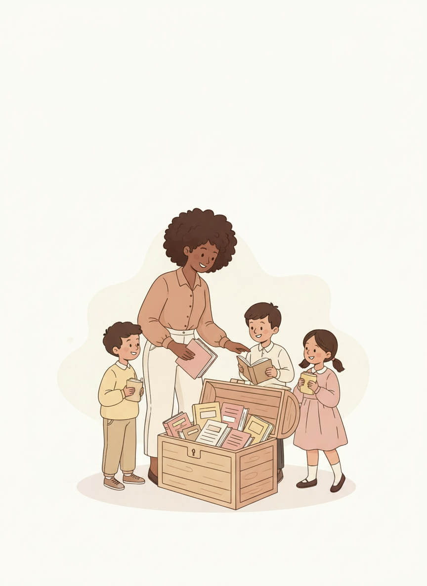 madame-tresor-hero-metisse Illustration d'une enseignante entourée de trois élèves autour d'un coffre rempli de livres et de fournitures scolaires.